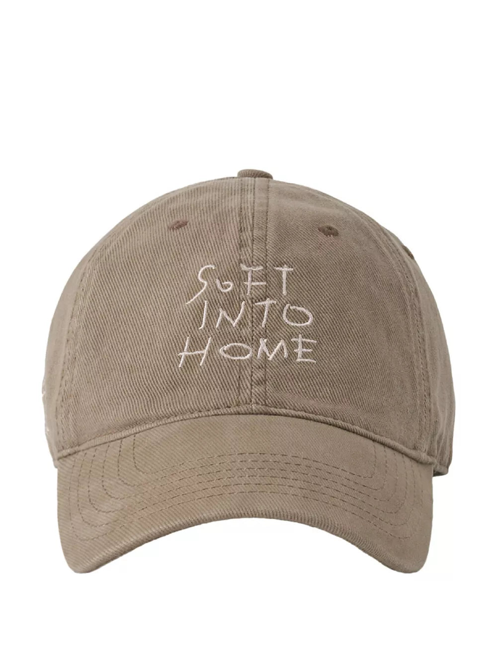 Tan cotton baseball cap with white embroidered SOFT INTO HOME text