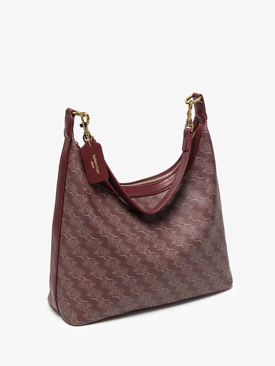 Printed PU Leather Shoulder Bag in burgundy with adjustable strap