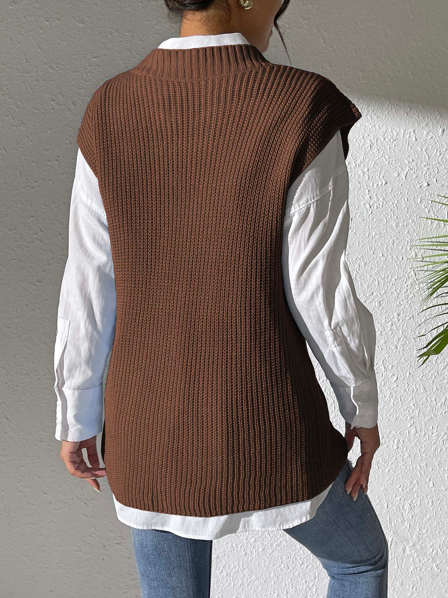 Coffee brown ribbed knit vest with mock neck, styled over a white shirt.