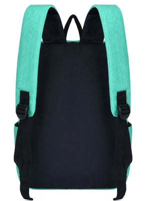 Textured aqua backpack with black back panel and adjustable straps.