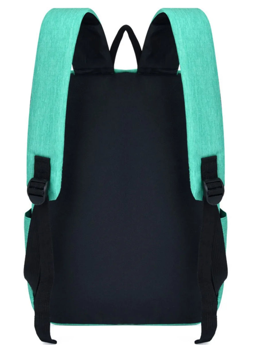 Textured aqua backpack with black back panel and adjustable straps.