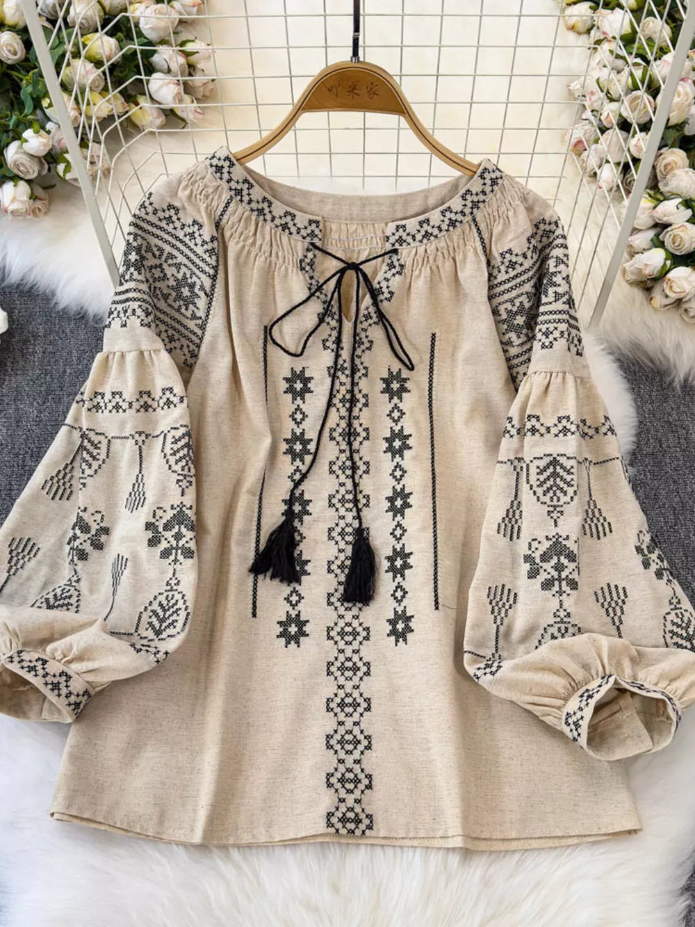 Bohemian Embroidered Blouse With Tassel Tie in White
