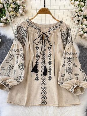 Bohemian Embroidered Blouse With Tassel Tie in White