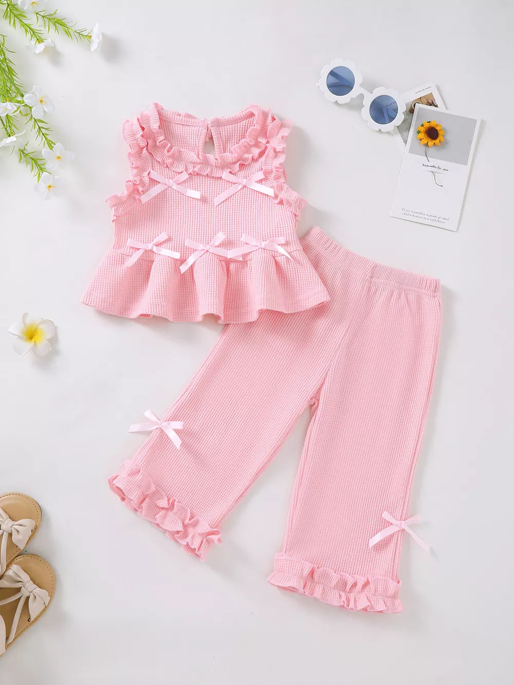 Ivory Children's Bow Waffle Knit Top And Pants Set
