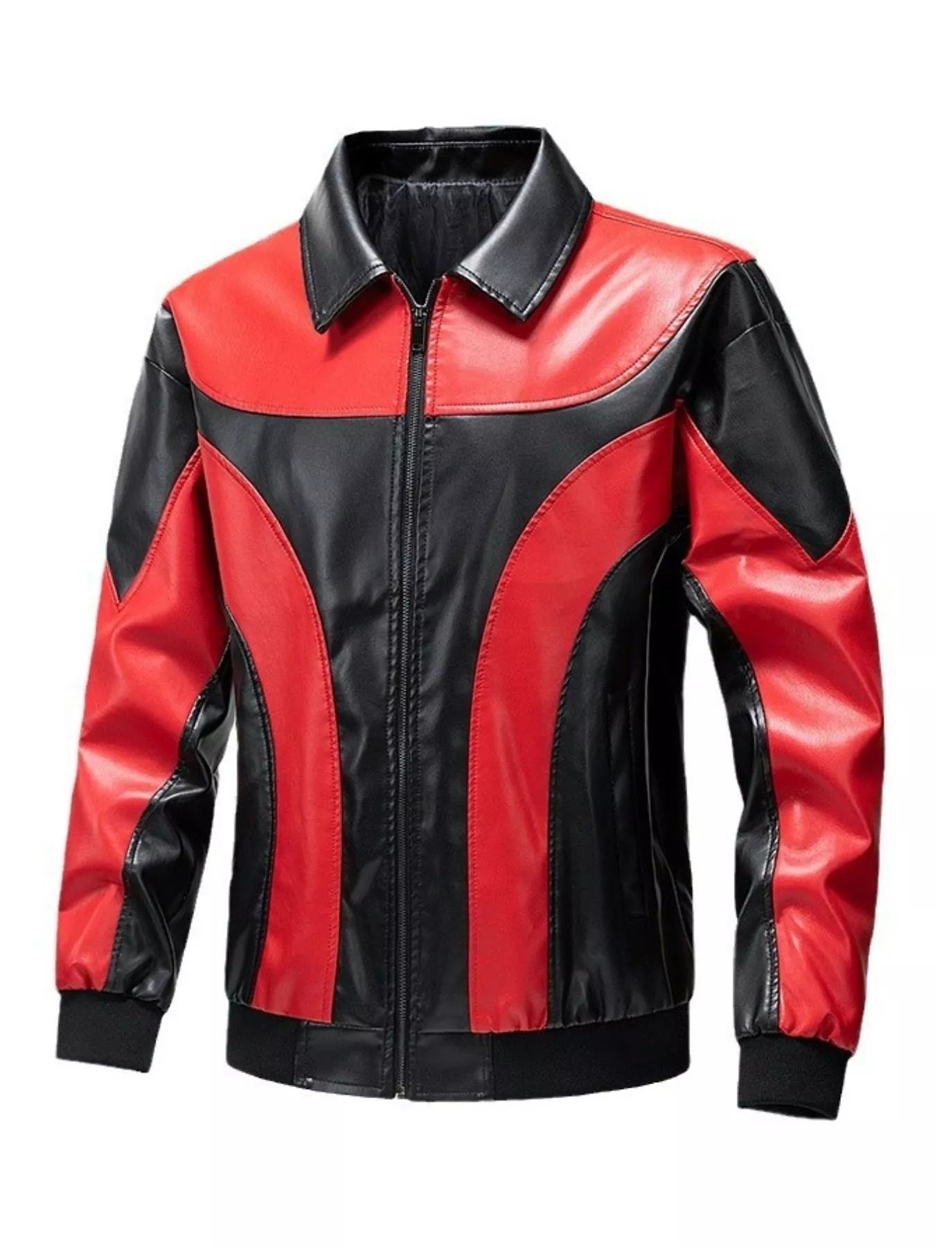 Men's two-tone red and black leather zip jacket with a collared neckline and bomber style cuffs.
