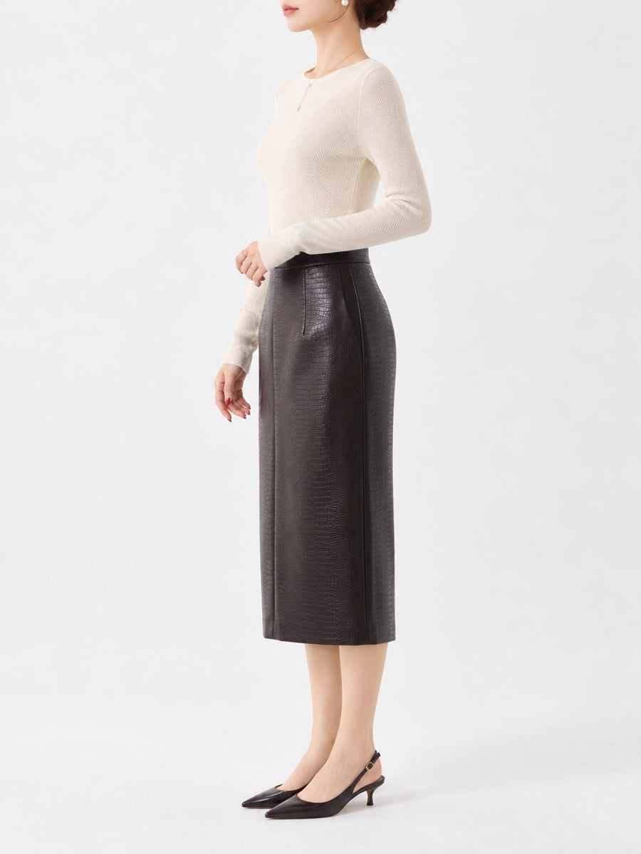 Herringbone Slim Fit Long Sleeve Knit Top in Light Heather Gray