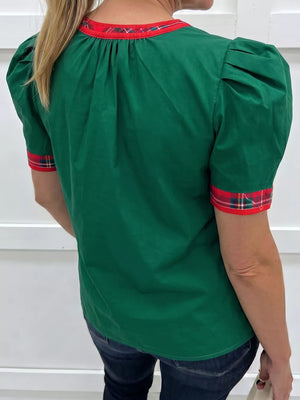 Plaid Trim V Neck Short Sleeve Blouse in Dark Green