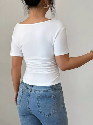 White with Elegant Lace Trim Asymmetrical Top in White