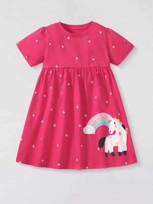 Girls pink short sleeve dress with allover floral print and unicorn rainbow applique.