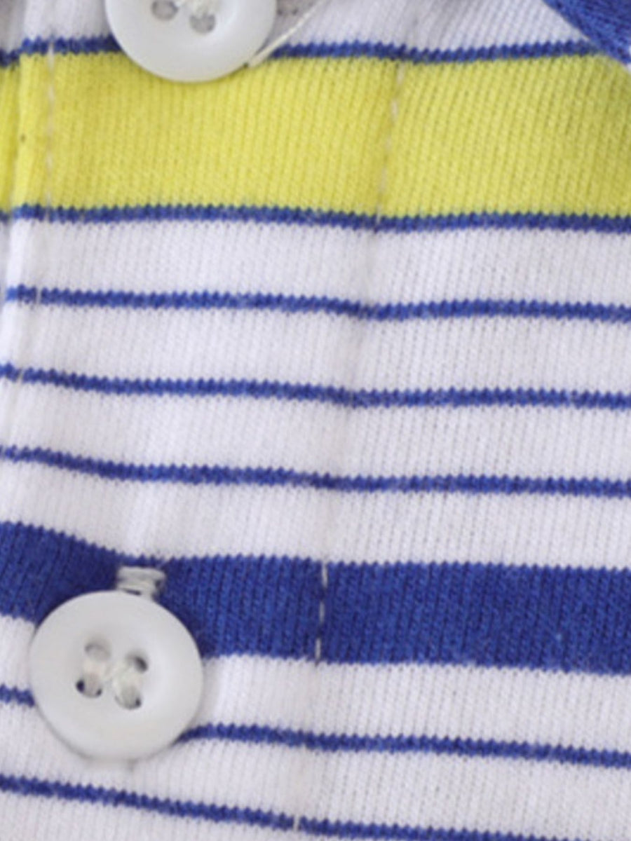 Baby polo shirt with blue and yellow stripes and white buttons, made of cotton.