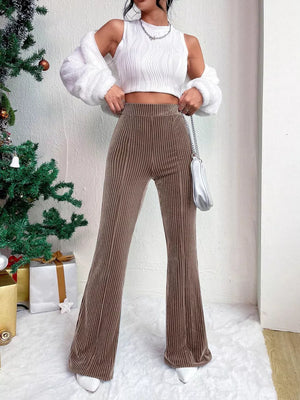 Taupe corduroy maternity flare pants with high-waist and bell-bottom cut.