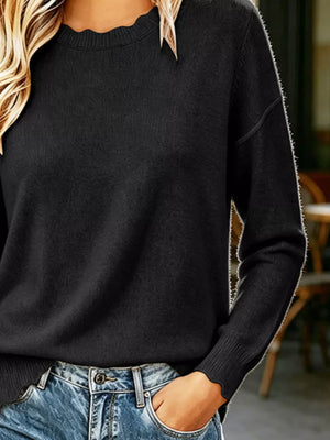 Full Size Scalloped Trim Crew Neck Sweater in Dusty Blue with scalloped trim