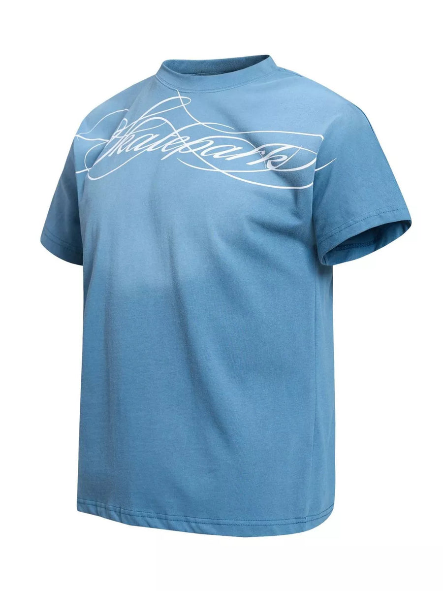 Blue t-shirt featuring stretch and graphic