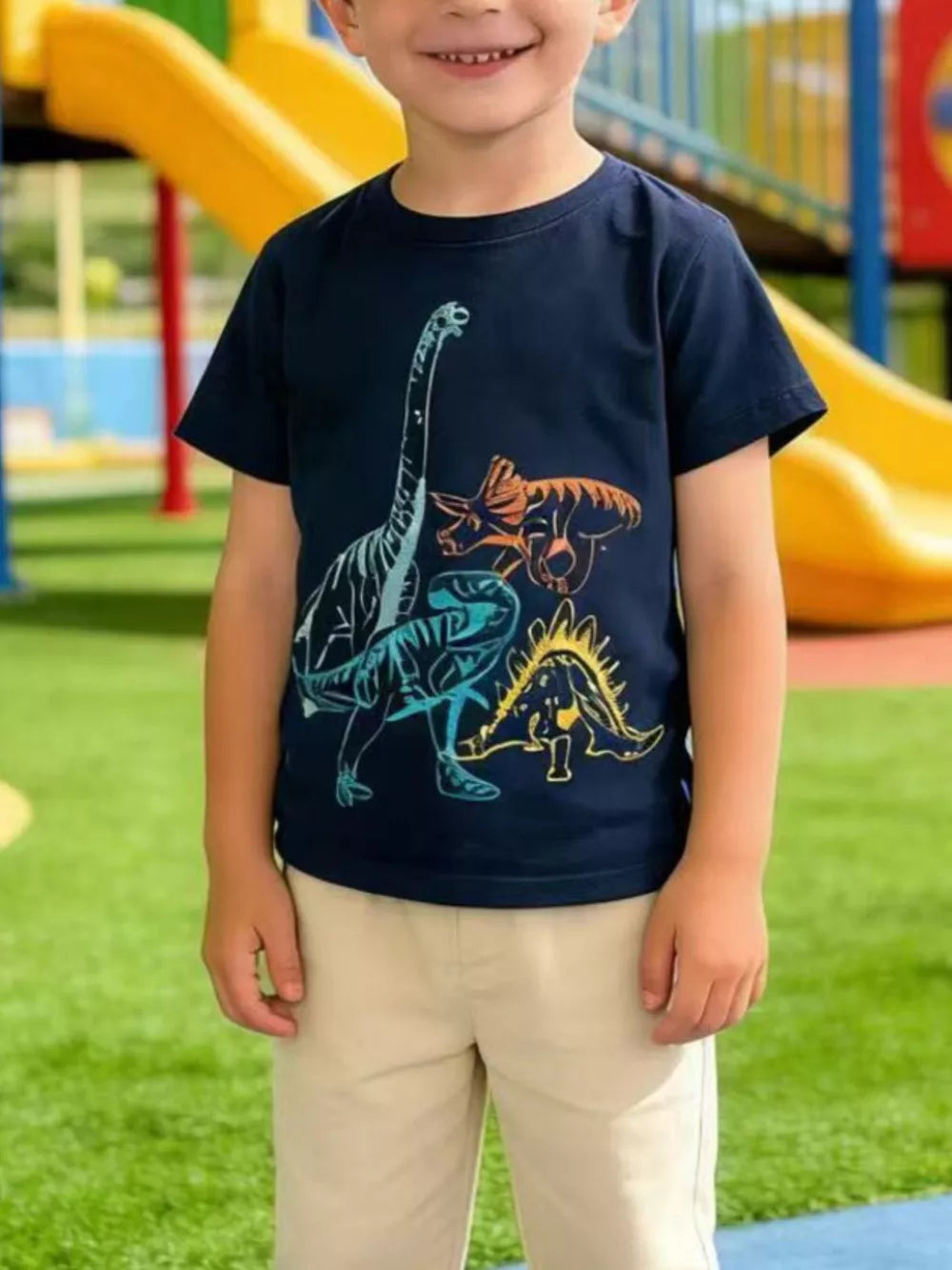 Navy cotton crew neck t-shirt with colorful dinosaur graphic for toddlers