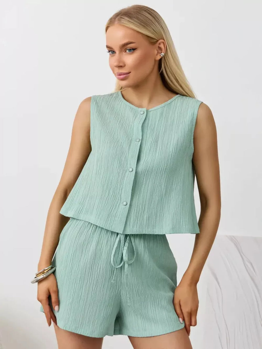 Light green textured cotton tank and shorts set with button front and drawstring waist.