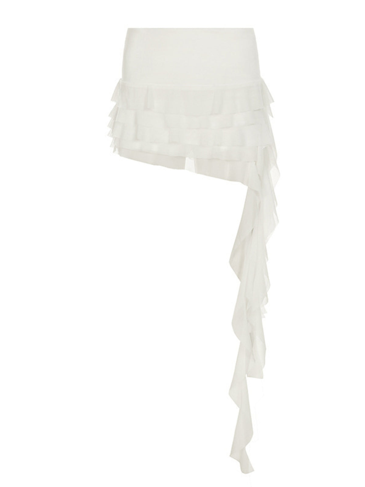 White layered ruffled mini skirt with asymmetrical cascading ruffle detail