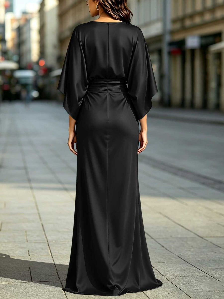 Burgundy straight maxi dress with boat neck
