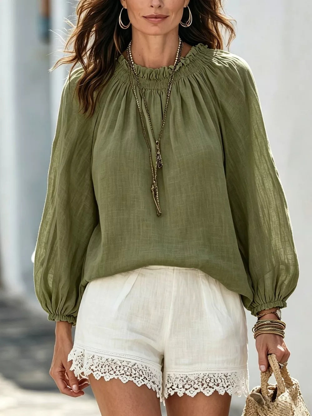 Army Green Round Neck Balloon Sleeve Blouse