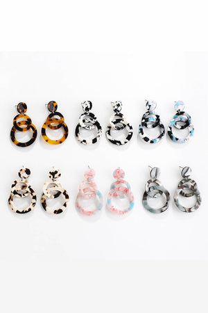 Tortoiseshell, black and white, pink and blue, and grey marbled hoop drop earrings