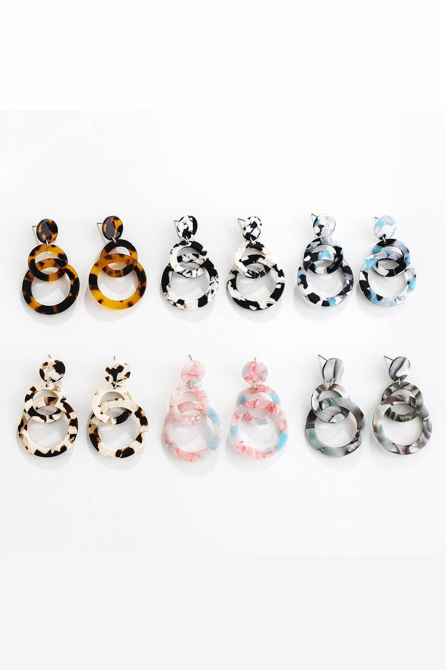 Tortoiseshell, black and white, pink and blue, and grey marbled hoop drop earrings