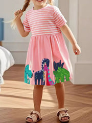 Toddler pink cotton dress with dinosaur print and striped sleeves