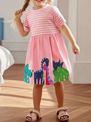 Toddler pink cotton dress with dinosaur print and striped sleeves