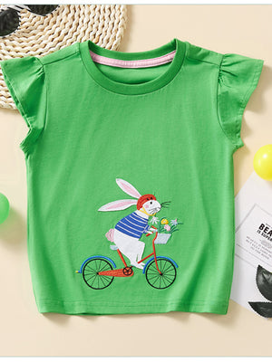 Green cotton cap sleeve t-shirt with embroidered rabbit on a bicycle.
