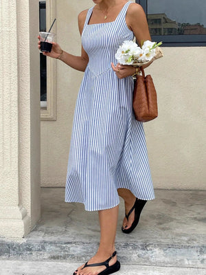 Blue and white striped square neck midi dress with a-line cut, cotton blend.