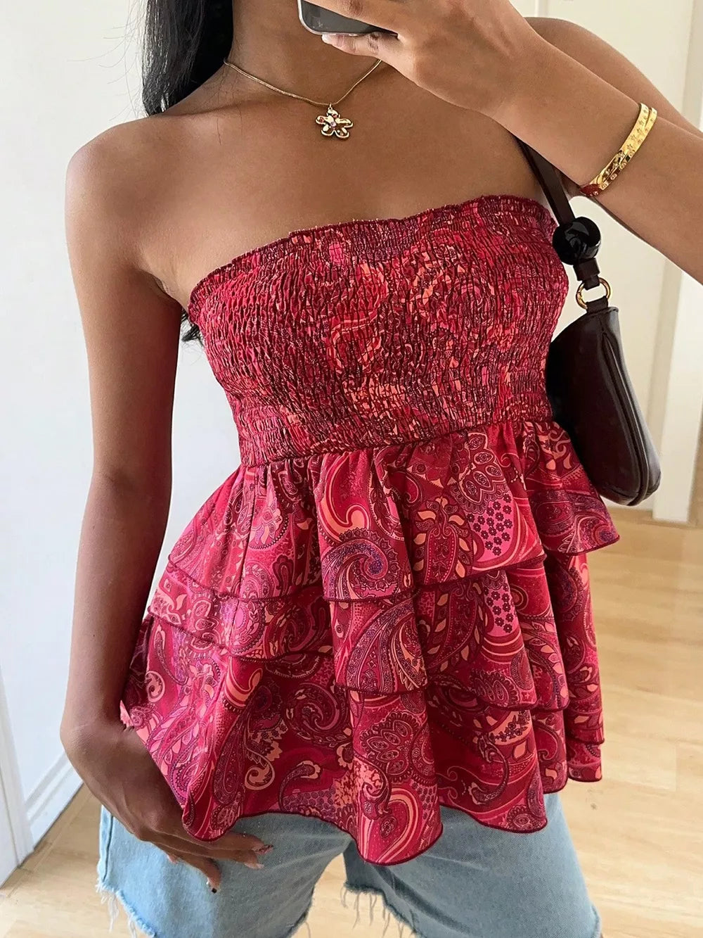 Smocked Layered Paisley Print Tube Top