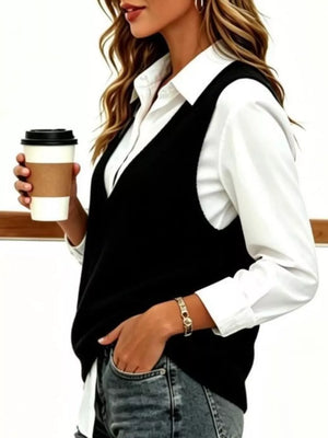 Khaki Chic V-neck Sleeveless Knit Sweater Vest Plus Size