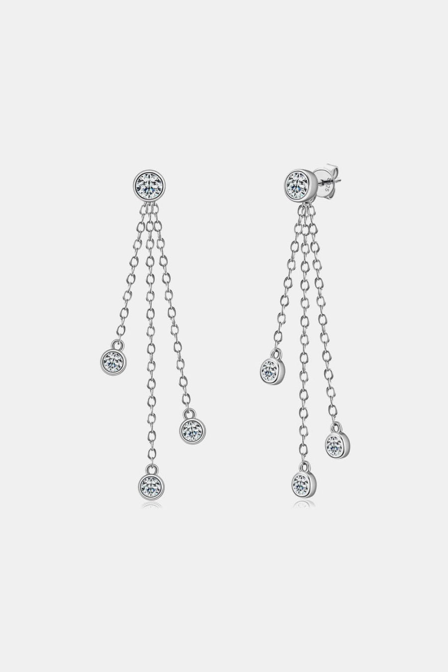 Silver cascading crystal chain drop earrings with multiple dangling chains and clear cubic zirconia accents.