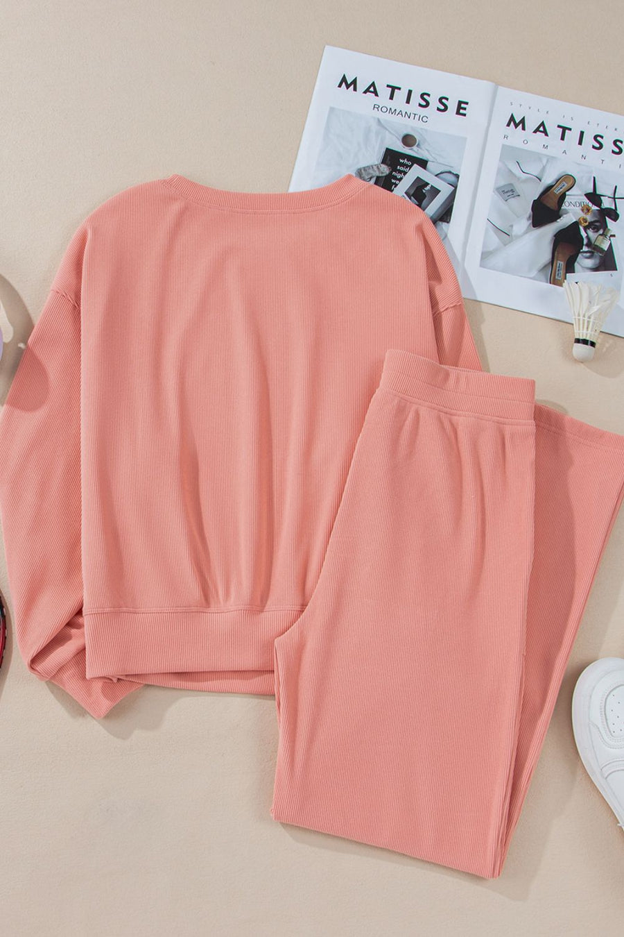 Pink ribbed crewneck sweatshirt and wide leg pants set
