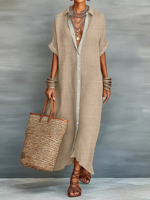 shirt dress in khaki featuring buttoned and relaxed fit