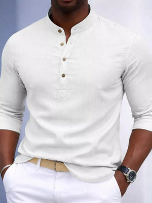 Men's white cotton blend henley shirt with button detail and mandarin collar.