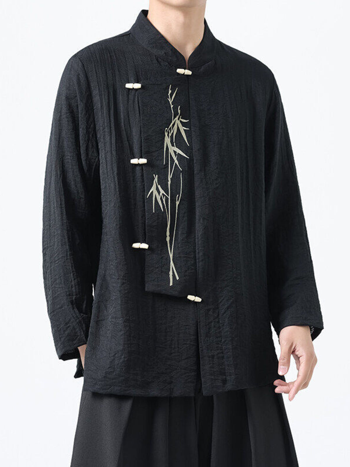 Black embroidered cotton mandarin collar shirt with bamboo detail and frog closures