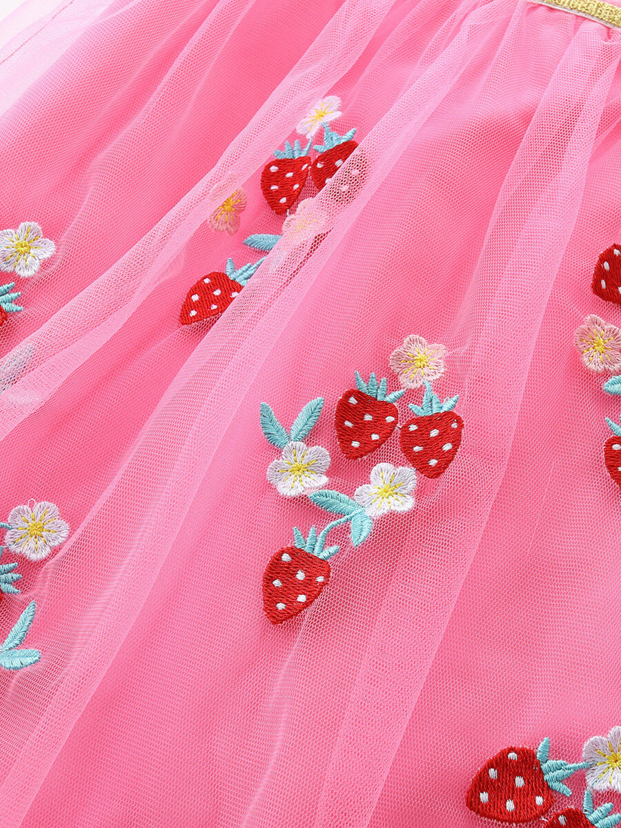 Pink tulle toddler dress with embroidered strawberries and white flowers.