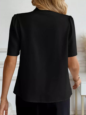Black short sleeve button-down shirt with puff sleeves and a V-neck.