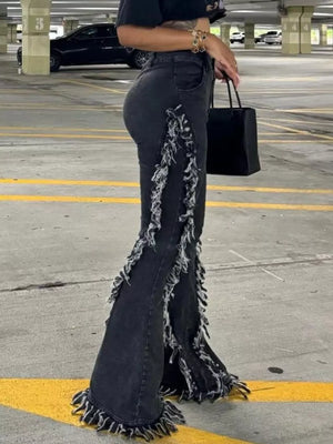 Black gray high-waist flare jeans with deconstructed frayed hem detail