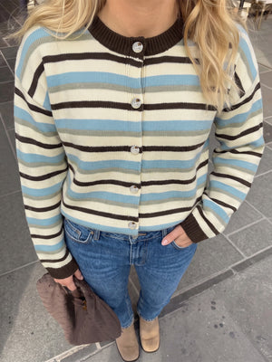 light blue cardigan featuring buttoned and striped