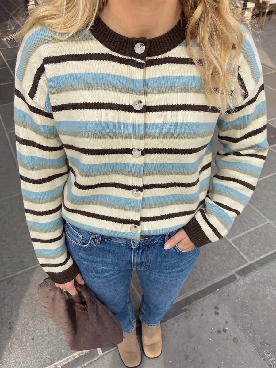 light blue cardigan featuring buttoned and striped