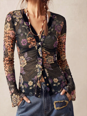black blouse with button-front and leopard-print floral