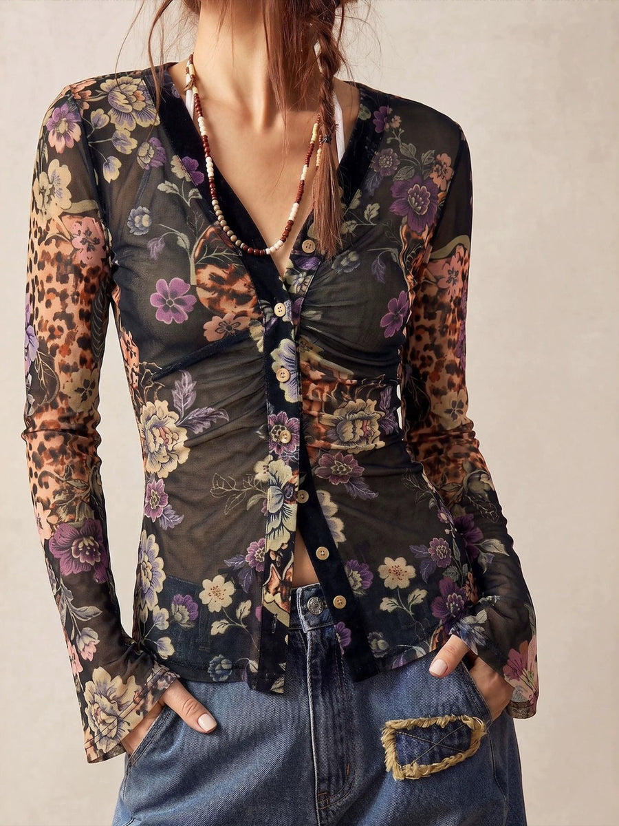 black blouse with button-front and leopard-print floral