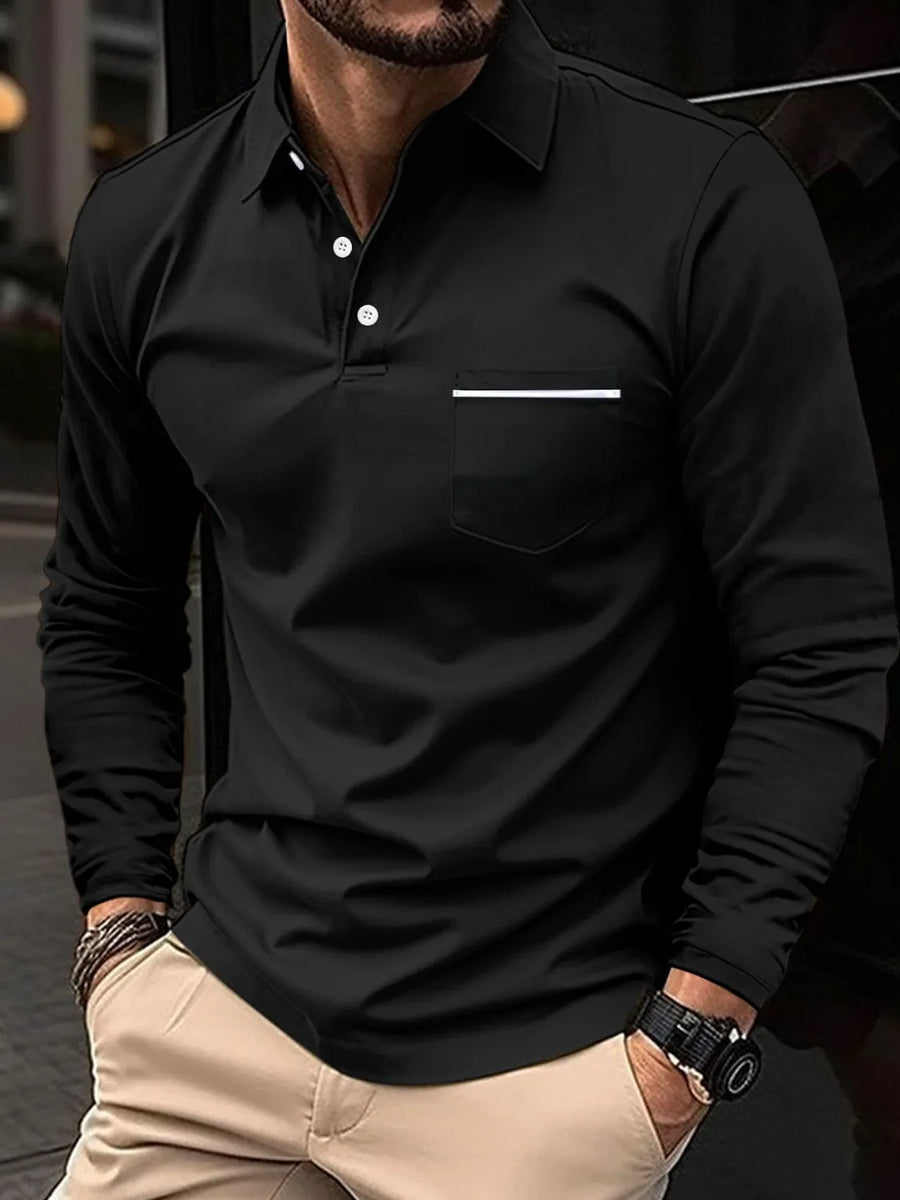 Black long-sleeve polo shirt with white trim pocket detail