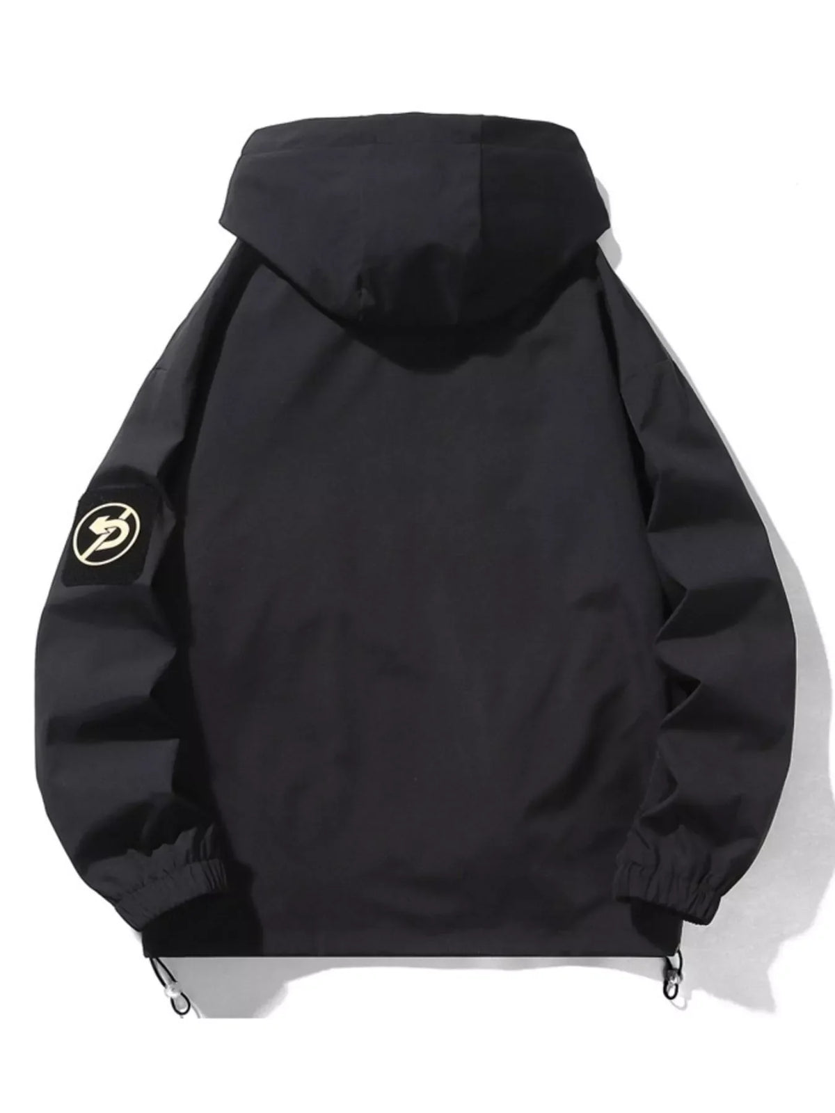Black hooded utility jacket with drawstring hem and patch detail on sleeve