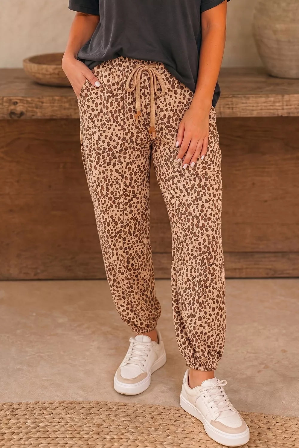 Camel Leopard Print Drawstring Waist Pants