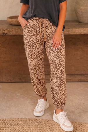 Camel Leopard Print Drawstring Waist Pants