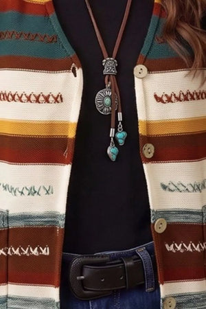 Multicolor with Striped Button Front Sleeveless Sweater Vest