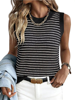 Textured striped knit sweater vest in black and white with a crew neck.