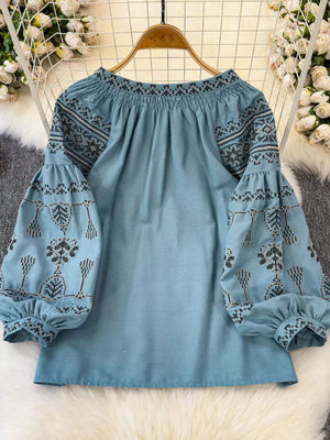 White Bohemian Embroidered Blouse With Tassel Tie