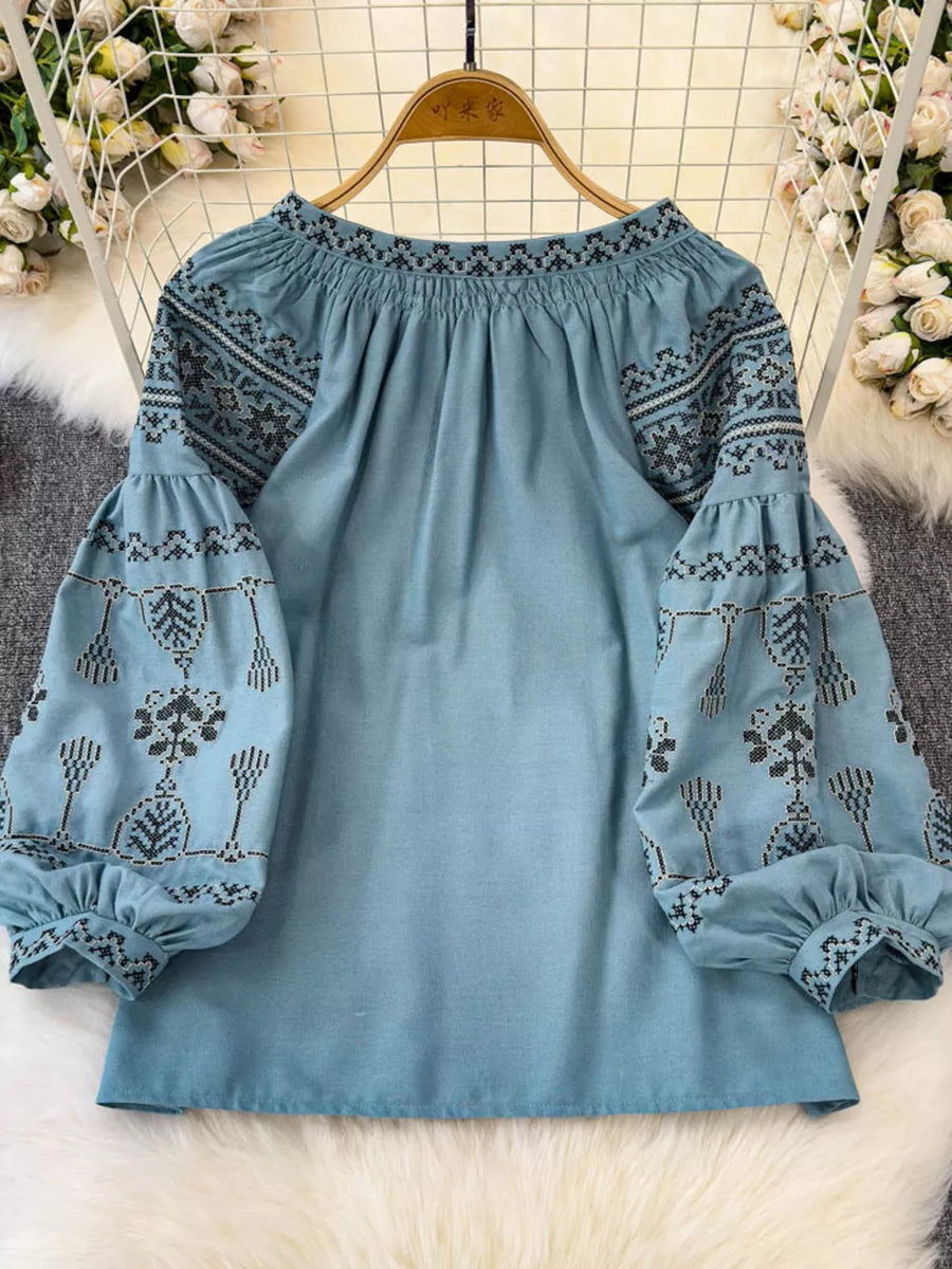 White Bohemian Embroidered Blouse With Tassel Tie